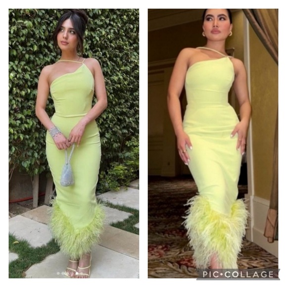 House of CB London Medium Alessia Lime Asymmetric Midi Dress Feather Hem - Picture 14 of 15